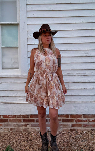 Metallic Sleeveless Smocked Belted Mini Dress