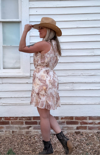 Metallic Sleeveless Smocked Belted Mini Dress