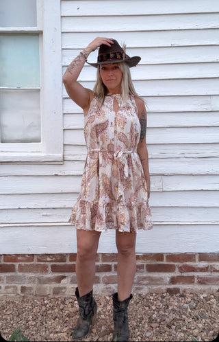 Metallic Sleeveless Smocked Belted Mini Dress