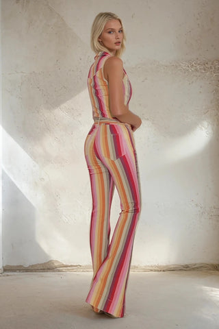 Belted Striped Stretch Denim Jumpsuit