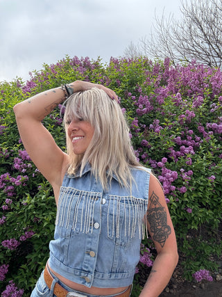 Crop Denim Vest With Rhinestone Fringe
