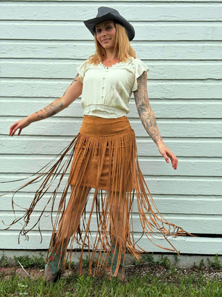 Western Stretch Suede Long Fringe Skirt
