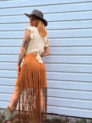 Western Stretch Suede Long Fringe Skirt