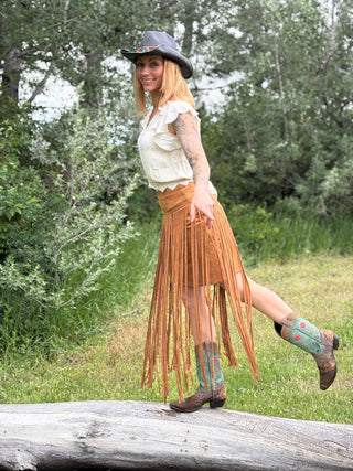 Western Stretch Suede Long Fringe Skirt