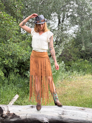 Western Stretch Suede Long Fringe Skirt