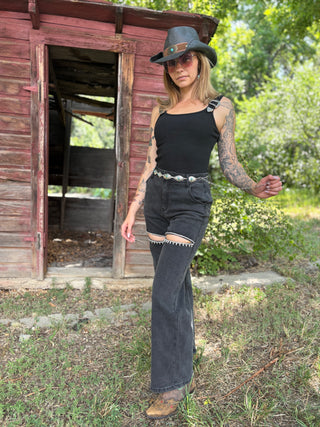 Cut Out Front Rhinestone Washed Denim Jeans