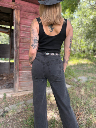 Cut Out Front Rhinestone Washed Denim Jeans