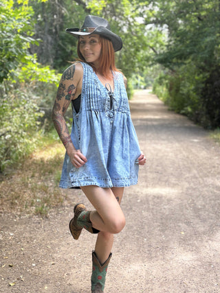 Western Boho Front Pleated V Neck Sleeveless Denim Romper