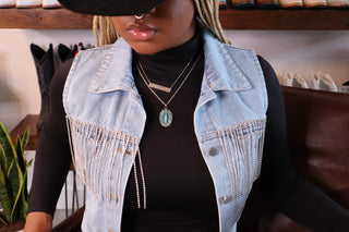 Crop Denim Vest With Rhinestone Fringe