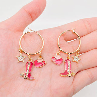 Pink Boots & Hat Cowgirl Western Style Hoop Earrings