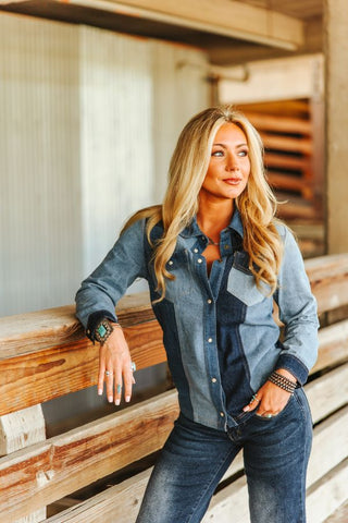 Cowgirl Long Sleeves Denim Multi Contrast Button Down Shirt