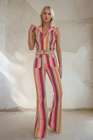 Belted Striped Stretch Denim Jumpsuit