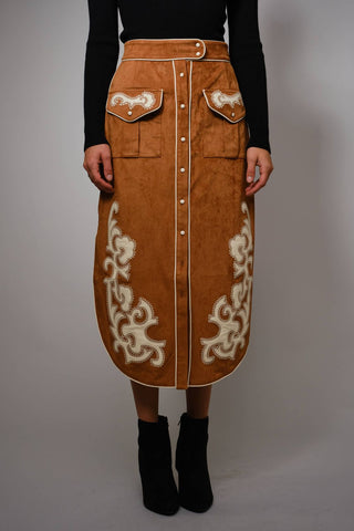 Suede Embroidered Patch Midi Skirt