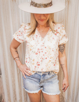 Boho Western Floral Lace Short Sleeve Blouse