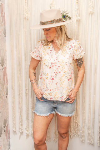 Boho Western Floral Lace Short Sleeve Blouse