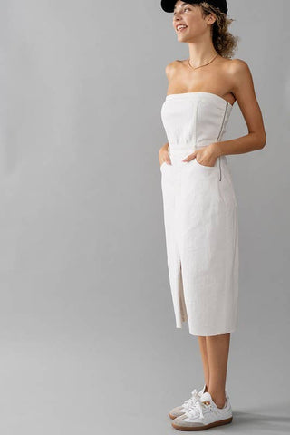 Strapless White Denim Midi Dress