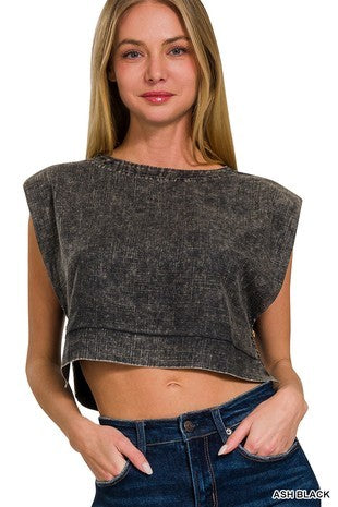 Acid Washed Western Side Button Crop Top