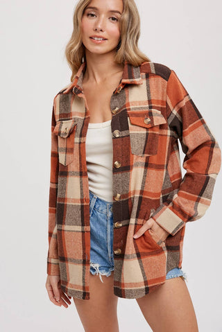 Long Sleeves Flannel Plaid Shacket with Pockets