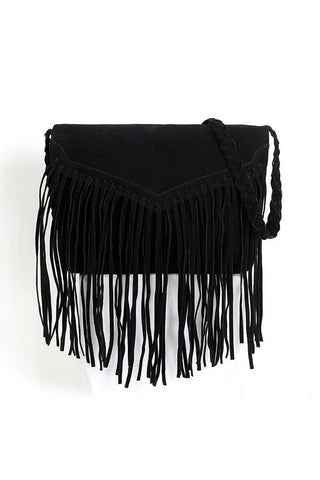 Suede Fringe Knit Strap Envelope Bag