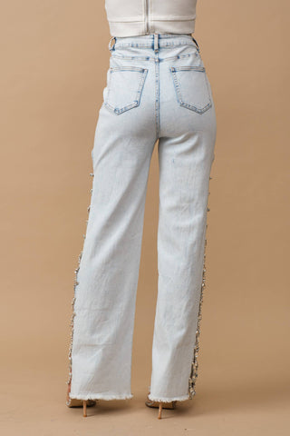 Stretch Denim Jeans with Side Jewel Trim