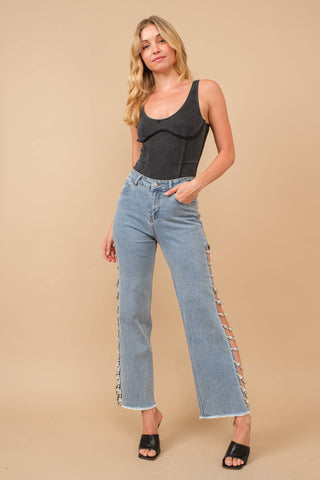 Stretch Denim Jeans with Side Jewel Trim