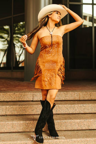 Camel Suede Boot Stitch Embroidered Fringe Dress