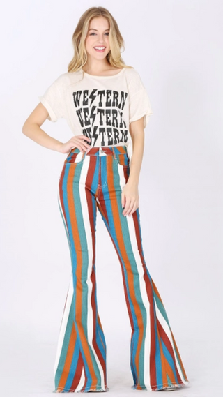 Multi Stripe Denim Bellbottom Jeans