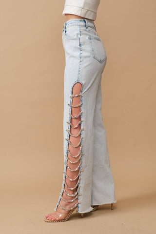 Stretch Denim Jeans with Side Jewel Trim