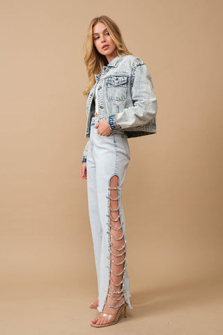 Stretch Denim Jeans with Side Jewel Trim