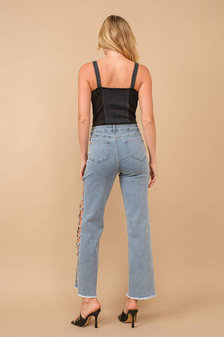 Stretch Denim Jeans with Side Jewel Trim