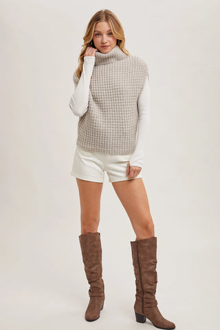 Western Turtleneck Waffle Knit Vest Sweater