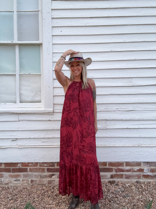 Cowgirl Flowy Floral Tie Front Halter Maxi Dress Cowgirl Flowy Floral Tie Front Halter Maxi Dress