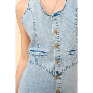 Studded Button Up Denim Sleeveless Dress