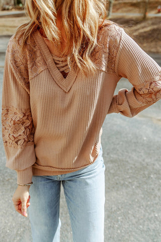 Lace Waffle Patchwork Strappy V-Neck Long Sleeve