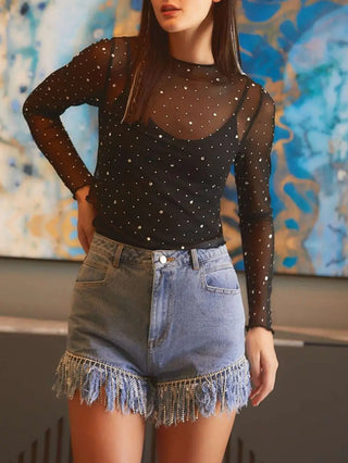 Rhinestone Sheer Mesh Long Sleeve Top