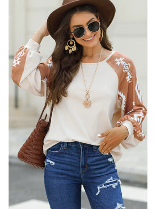 Western Print Patch Long Sleeve Top