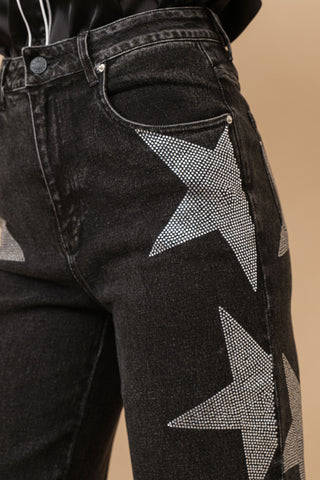 Star Print Stretch Denim Flare Mid Rise Jeans