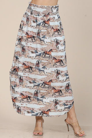 Horse Print Smock Waist Maxi Skirt