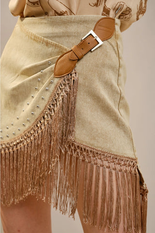 Fringe Denim Wrap Skirt