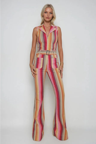 Belted Striped Stretch Denim Jumpsuit