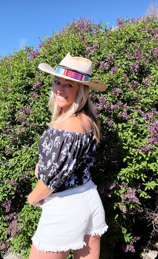 Short Sleeves Black Western Desert Printed Off Shoulder Top