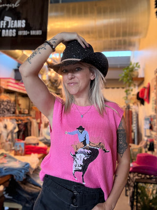 Western Cowboy Embroidery Pink Sleeveless Sweater