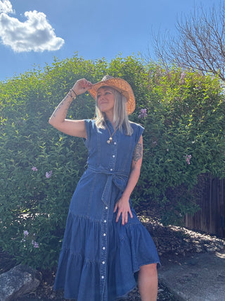 Cowgirl Belted Button Up Tiered Midi Denim Dress Small (2/4) Cowgirl Belted Button Up Tiered Midi Denim Dress Small (2/4)