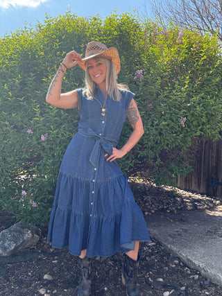 Cowgirl Belted Button Up Tiered Midi Denim  Dress