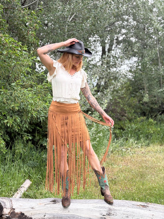 Western Stretch Suede Long Fringe Skirt