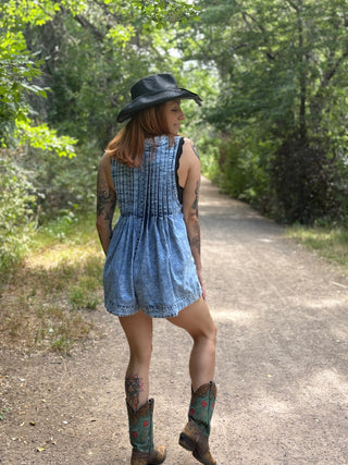 Western Boho Front Pleated V Neck Sleeveless Denim Romper