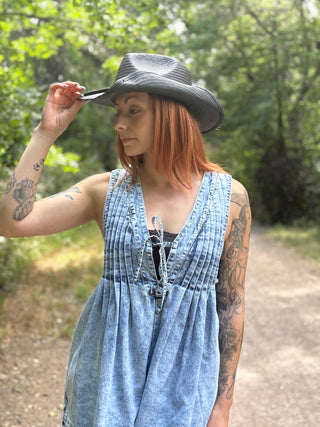 Western Boho Front Pleated V Neck Sleeveless Denim Romper