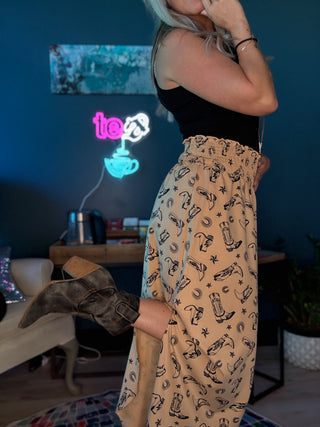 Western Boot Prints Smock Waist Woven Skirt