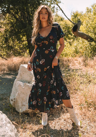 Floral Puff Sleeve V Neck Maxi Dress