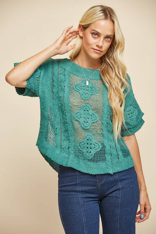 Short Sleeve Crochet Teal Knit Top